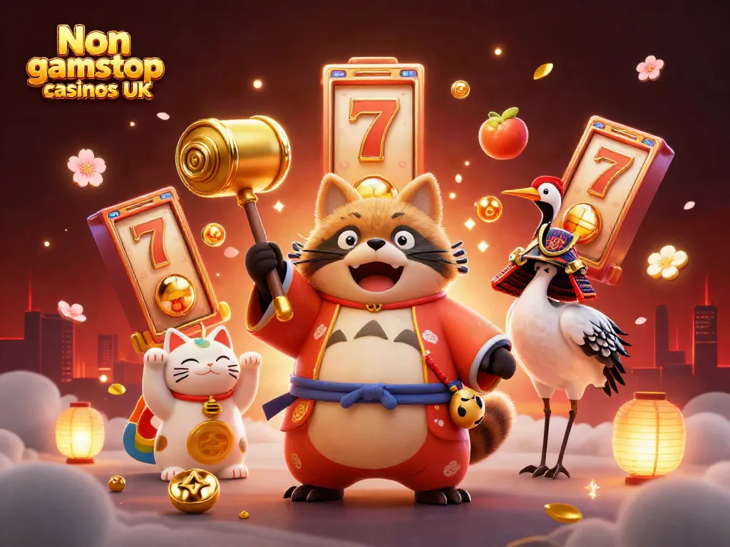 Experience Non gamstop casinos UK with a lucky tanuki, crane, and colorful fortune cats in a dynamic casino scene.