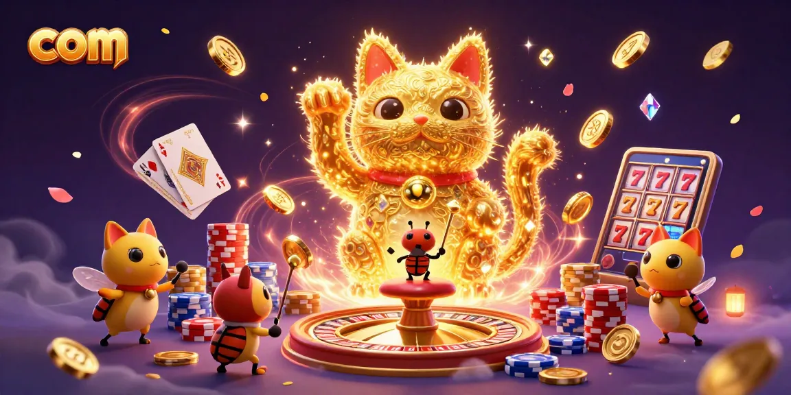 Play exciting casino games with com, as a lucky cat captivates players in a vibrant 3D scene.