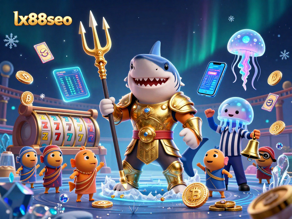 Engage in thrilling gameplay at lx88seo with a vivid illustration of a tiger shark and cryptocurrency elements.