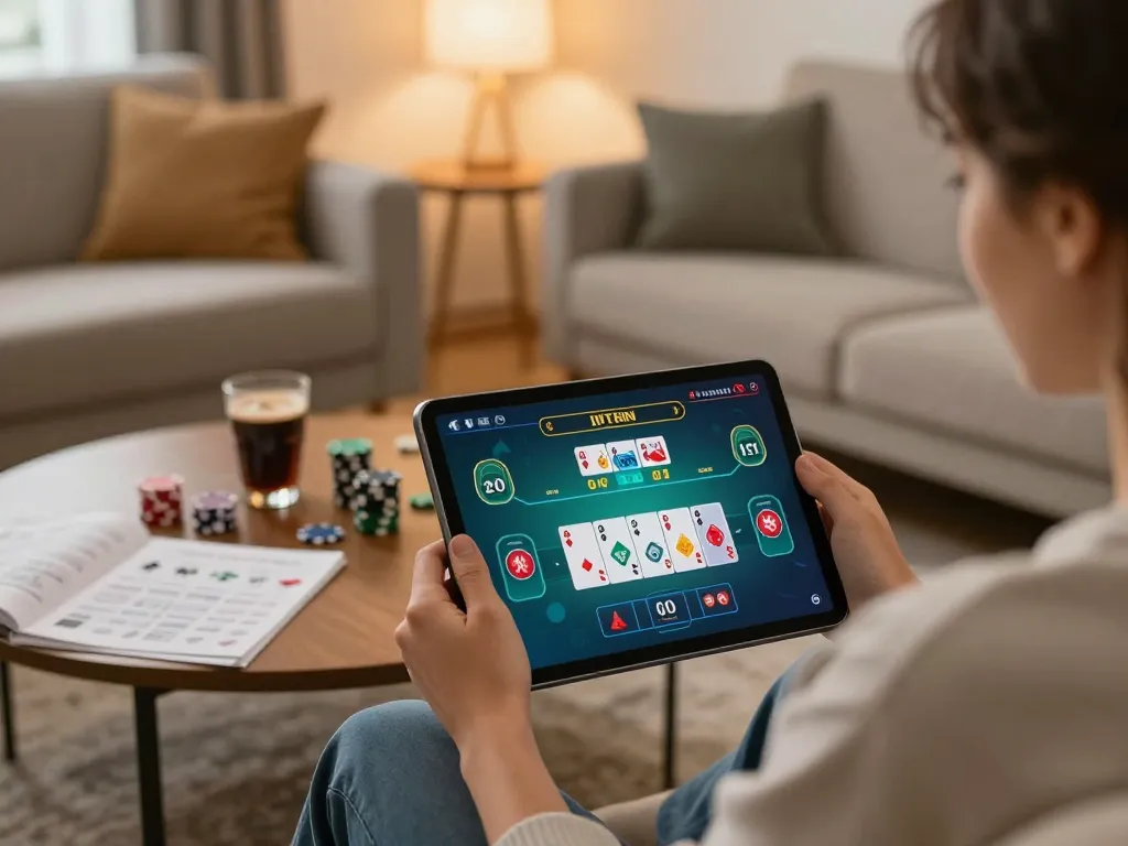 Xoilac player enjoying blackjack on tablet in cozy home setting with warm lighting