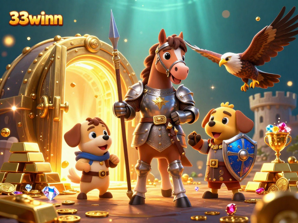Experience 33winn’s thrilling adventure with knights and treasures in this vibrant casino scene.