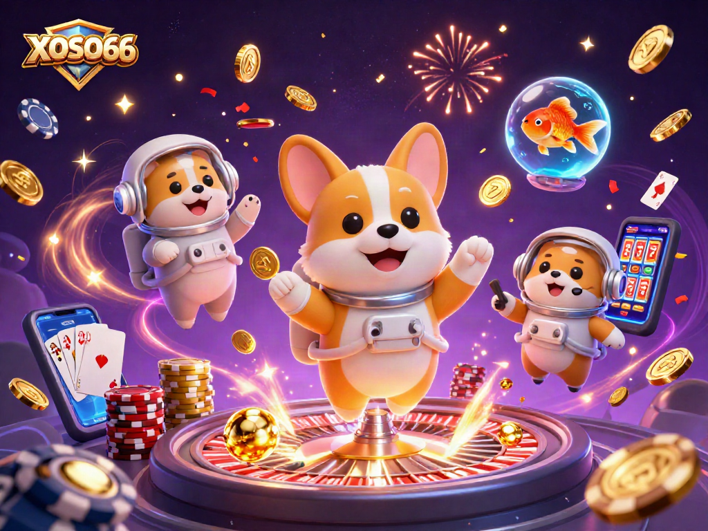 XOSO66 showcases an astronaut corgi amidst casino thrills, capturing excitement in a game-filled atmosphere.