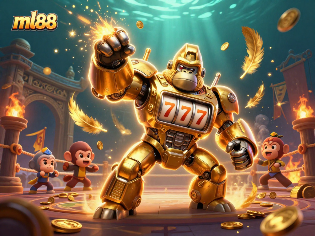 Experience the vibrant action of ml88 casino games with a golden gorilla mech and stunning animations.