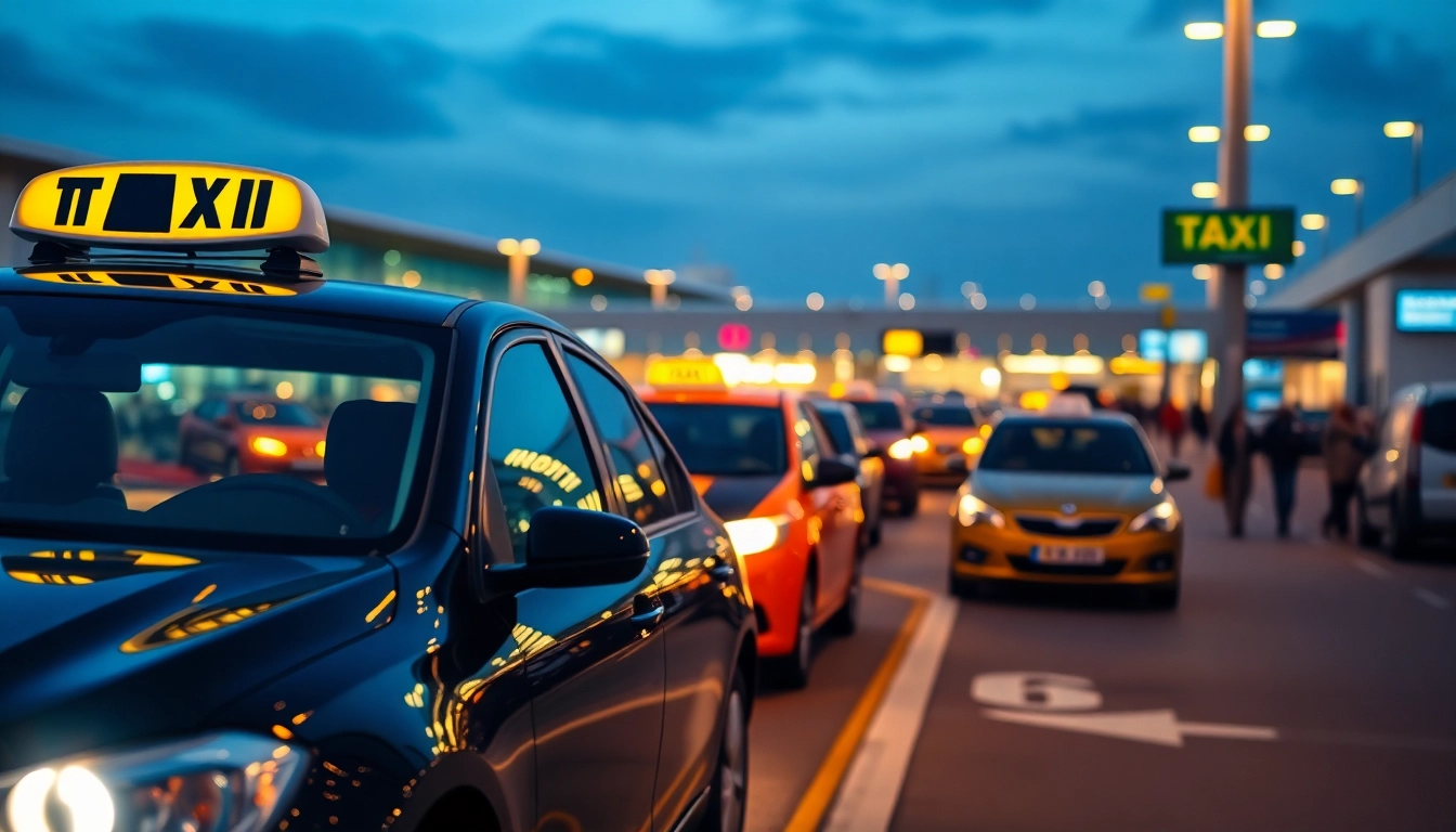 Gatwick Airport taxi service waiting for passengers during a vibrant evening.