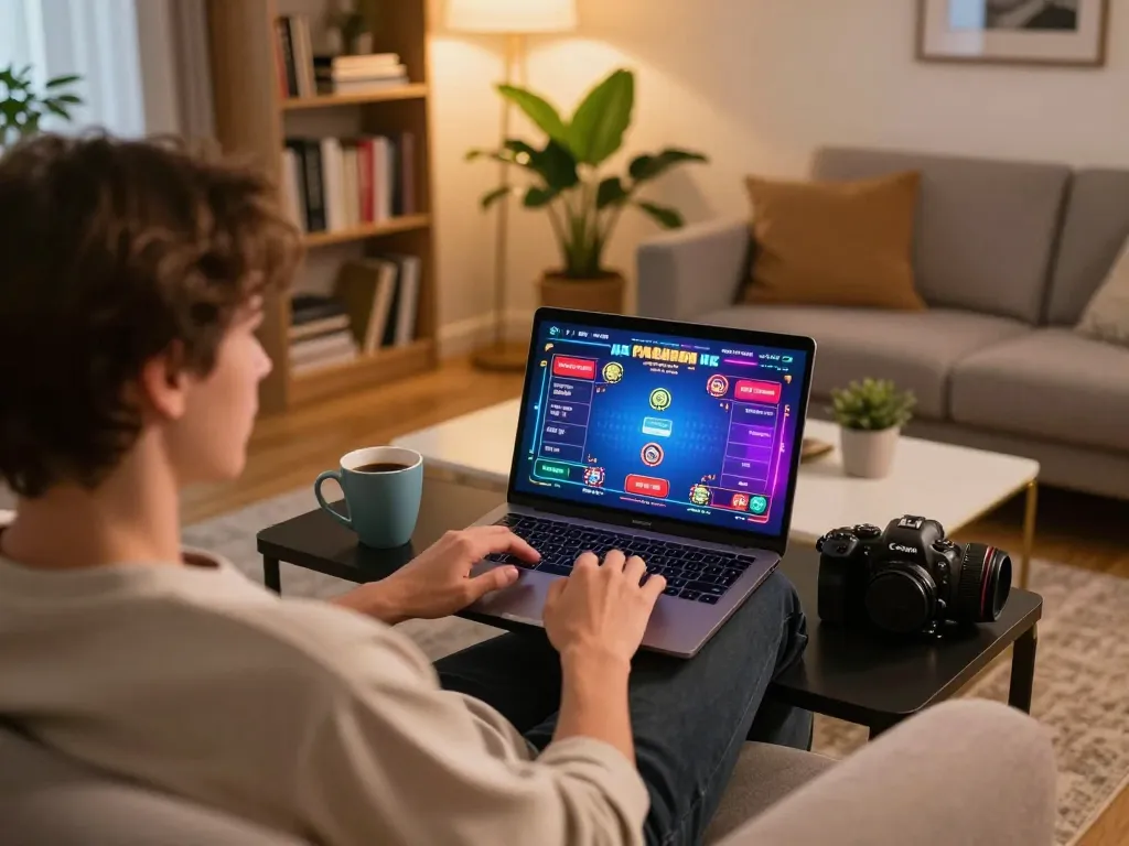 vin777 player enjoying an exciting online poker session from home, engaging setup with vibrant colors.