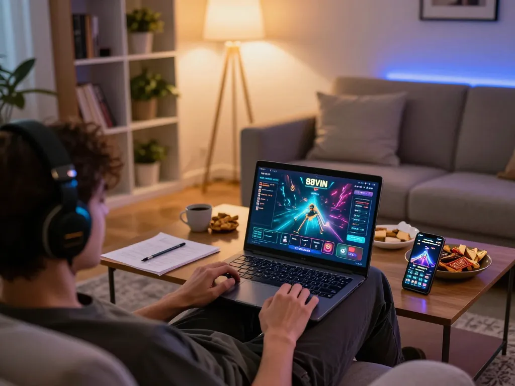 Engaged player exploring trang chủ 88vin on a laptop in a cozy home setting.