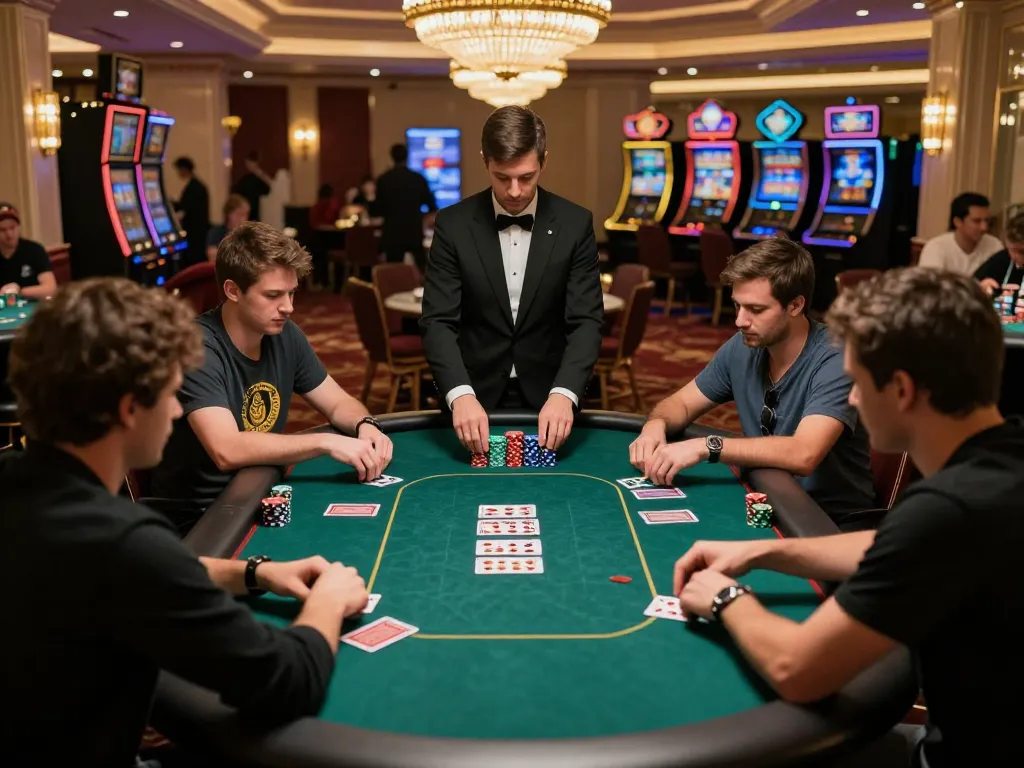 Players engaged in a high-stakes poker game at a lavish casino table showcasing 7mcn strategy.