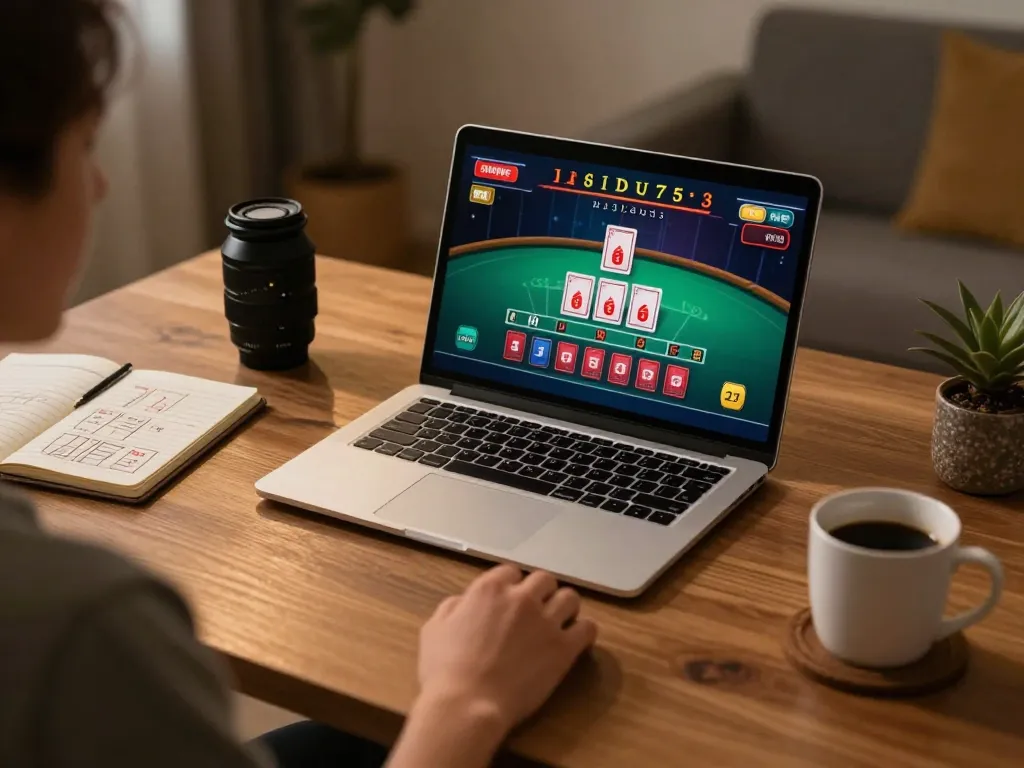 Engaged player using VK88 online casino interface for strategic gameplay at home.