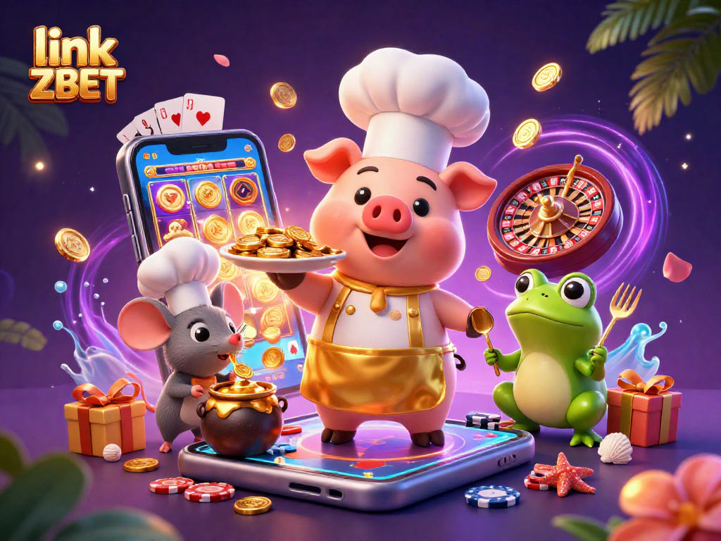 Experience winning moments with link ZBET as chef pig serves golden coins in a vibrant casino scene.