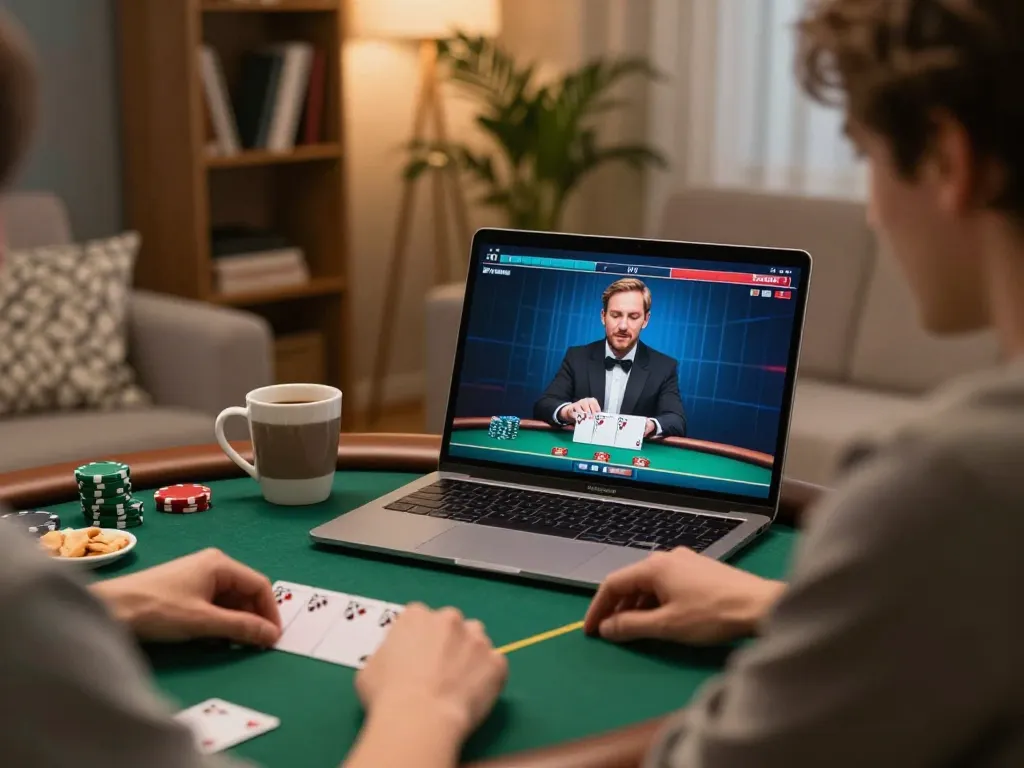 Engaged player using NK88 Casino for online poker, showcasing a relaxed home setting.