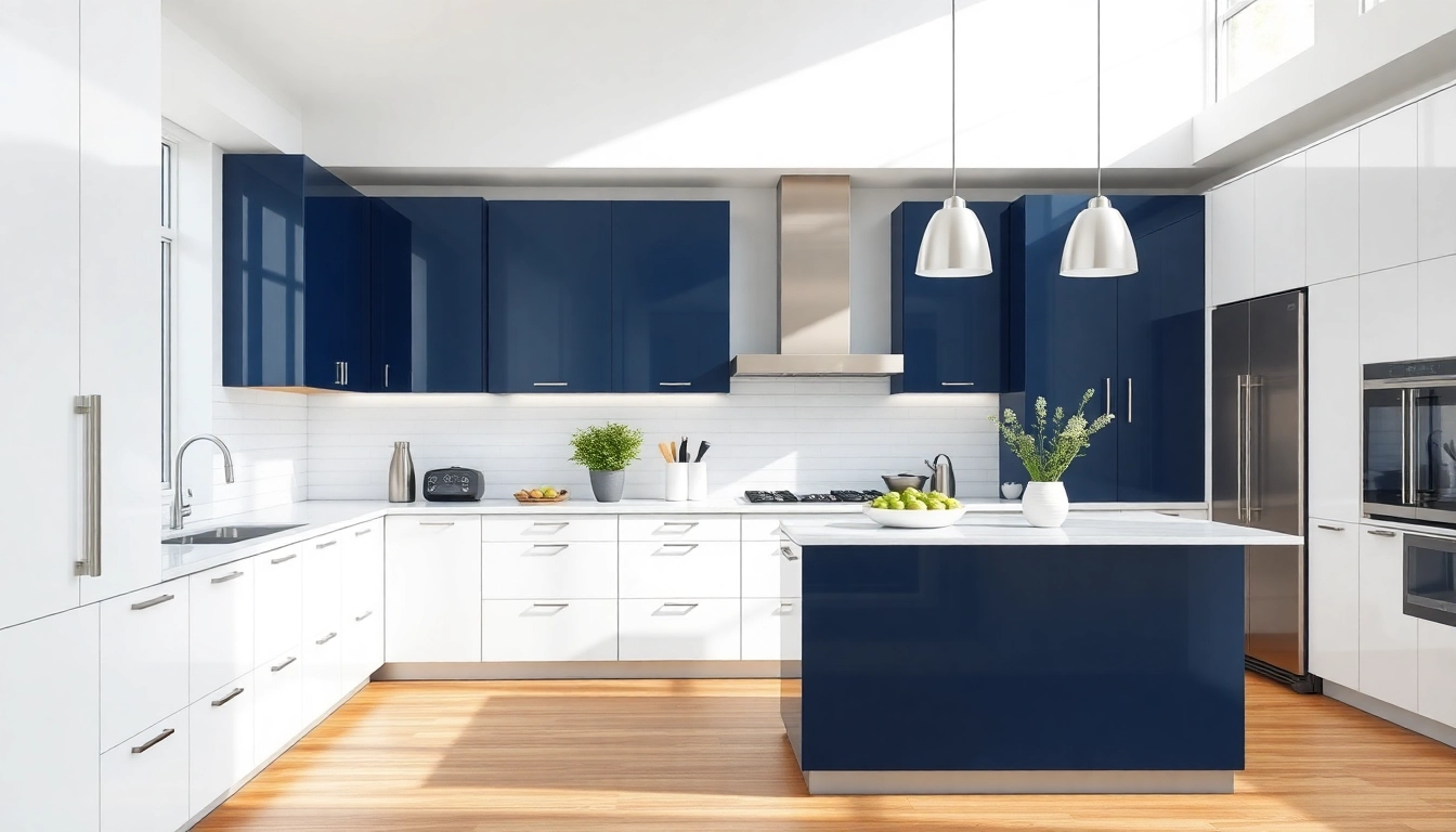 Showcase of Cabinet Refacing Clearwater FL with modern white and navy cabinets in a bright kitchen.