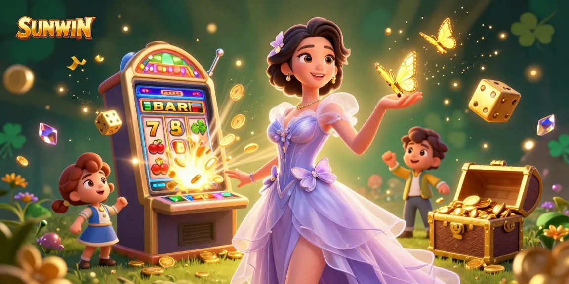 SUNWIN casino experience showcasing a stunning Asian woman amidst vibrant gambling elements and golden rewards.