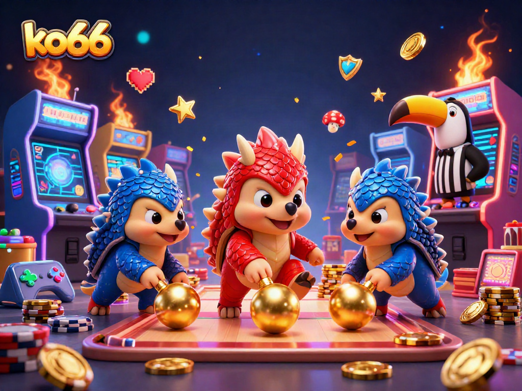 Experience the thrilling bowling action of ko66 with rival pangolins amidst poker chips and dynamic gaming elements.