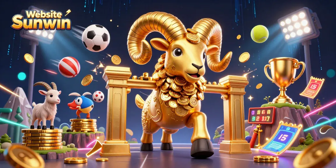 Win big at Website Sunwin with golden ram charging through a vibrant casino scene filled with sports elements