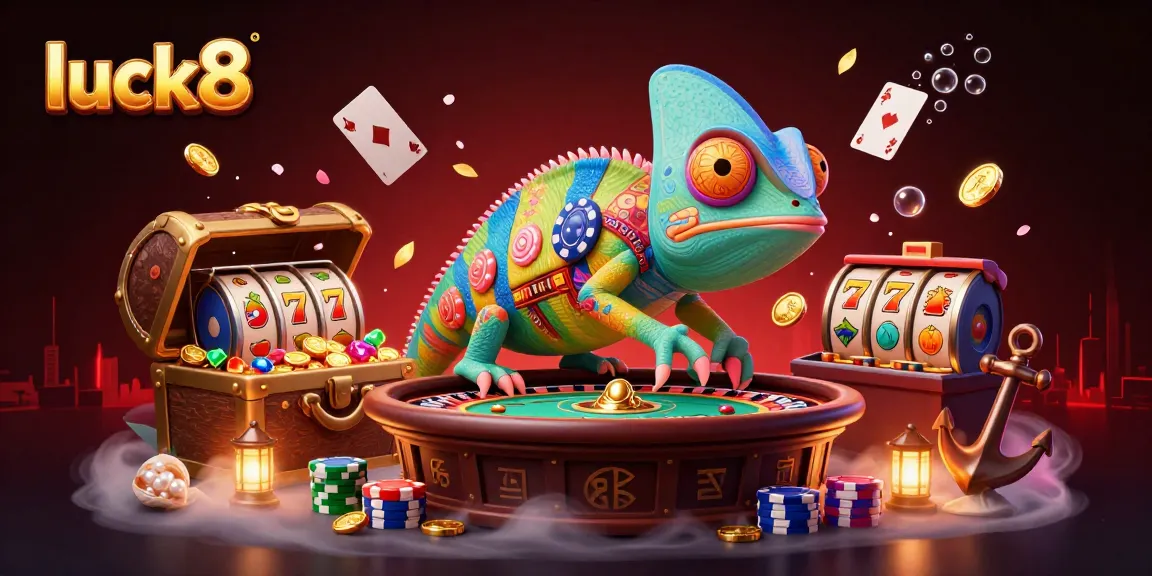 Experience luck8 at a vibrant casino scene, featuring a chameleon owner and gold coins bursting around.