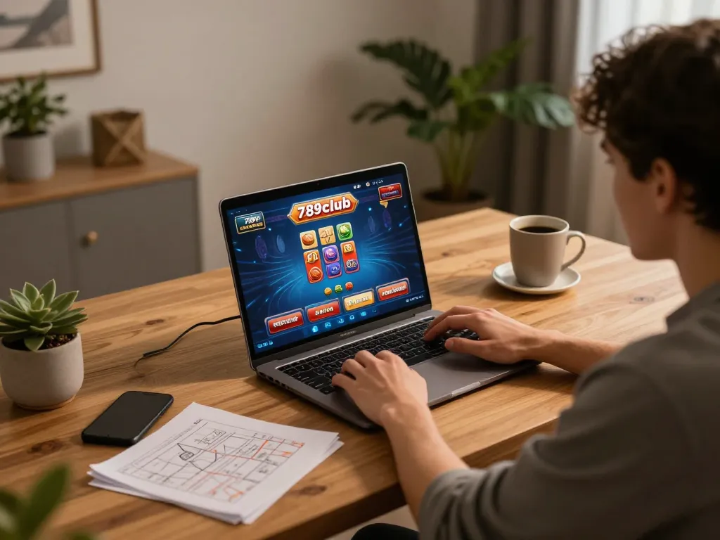 Player enjoying 789club's online games on a laptop in a cozy home setup with strategy notes and coffee.