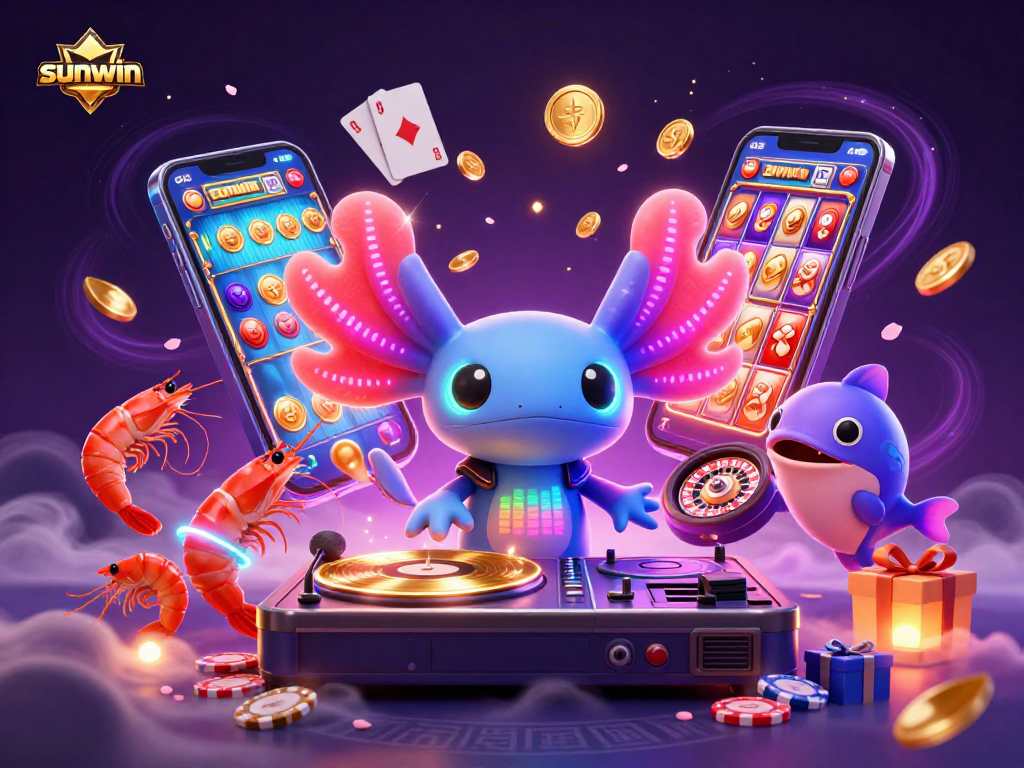 Experience sunwin's vibrant casino atmosphere with a neon axolotl DJ and lively characters.