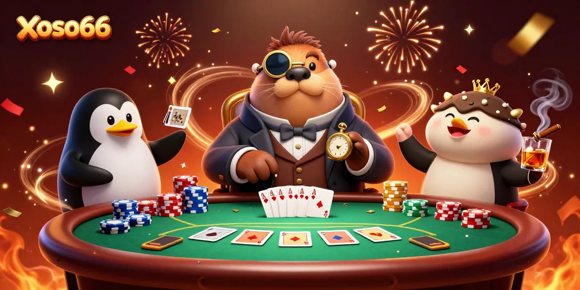 xoso66 offers a dynamic gaming experience with a jolly walrus and friends playing poker underwater.