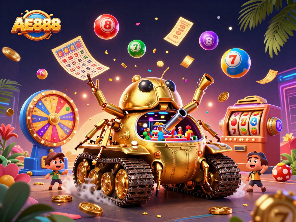 Experience AE888 excitement with a golden beetle tank revealing a vibrant mini casino and dynamic lottery balls.