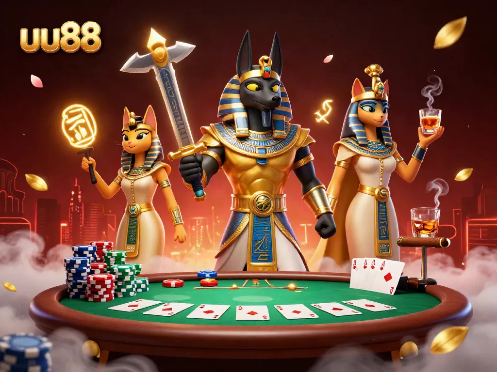 Experience thrilling poker battles at uu88 with Anubis and Bastet amid vibrant card stacks and glowing symbols.