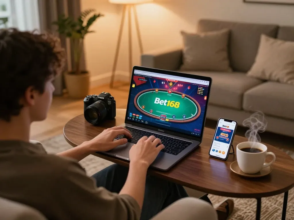 Engaging Bet168 online gaming session showcasing a player in a cozy home setting