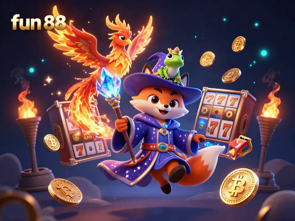 Experience dynamic fun 88 gaming with a wizard fox and phoenix surrounded by lively slot elements.