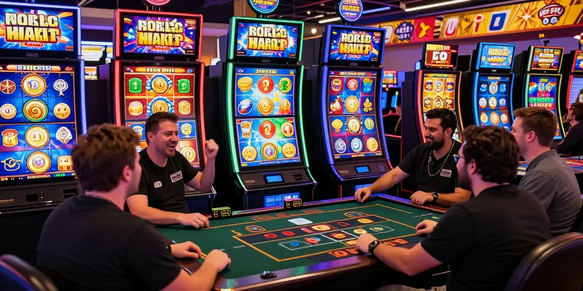 Exciting online bonus buy slots gaming scene with diverse players celebrating wins at a virtual casino.