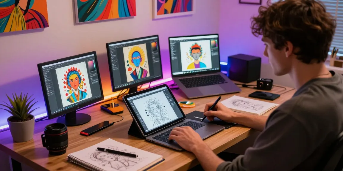 Creating immersive NSFW AI art in a vibrant studio with digital tools.