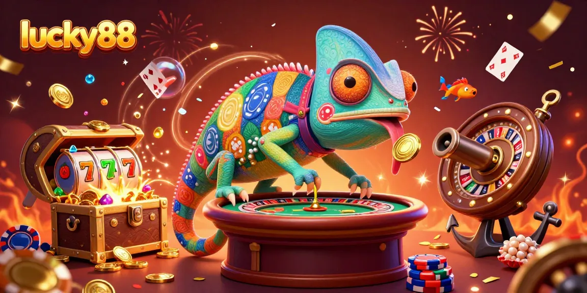 Engage with lucky88 slots and casino action featuring colorful chameleon owner and treasure elements.