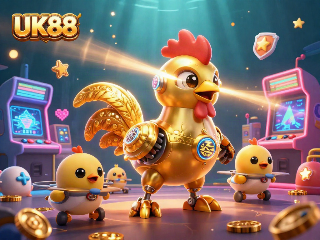 Experience the thrill of UK88 with a vibrant robot and baby chick drones in a dynamic casino scene.