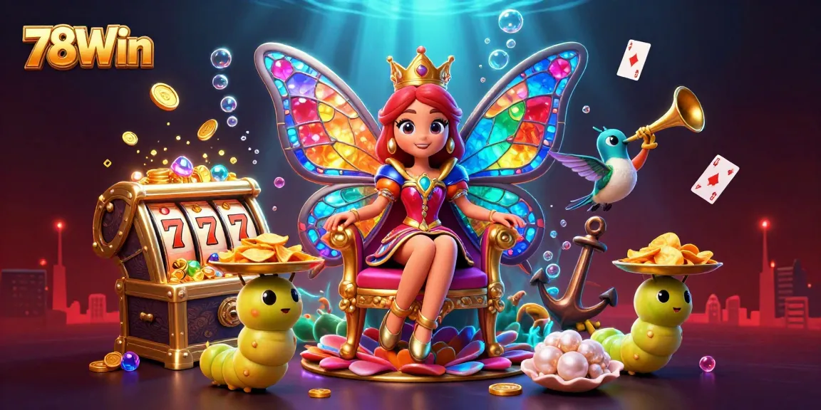 Play exciting games at 78Win featuring a vibrant butterfly queen and animated casino elements.