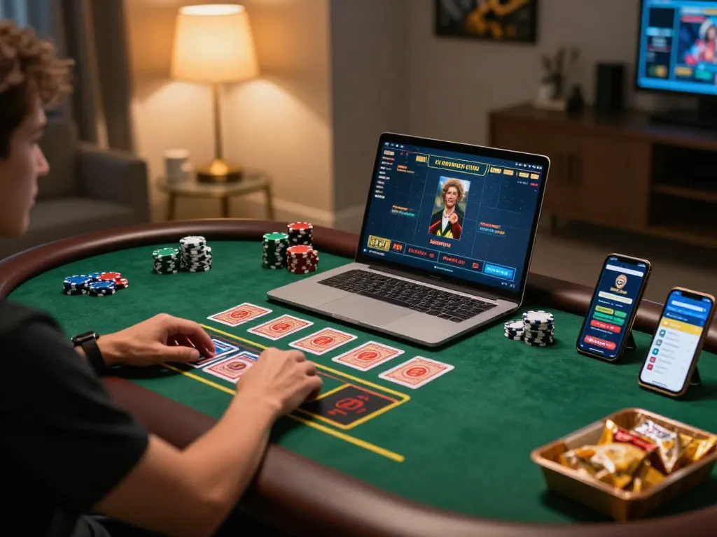 Engaging with an exciting online game at https://shbet.id/, featuring live dealer action and a cozy gaming setup.