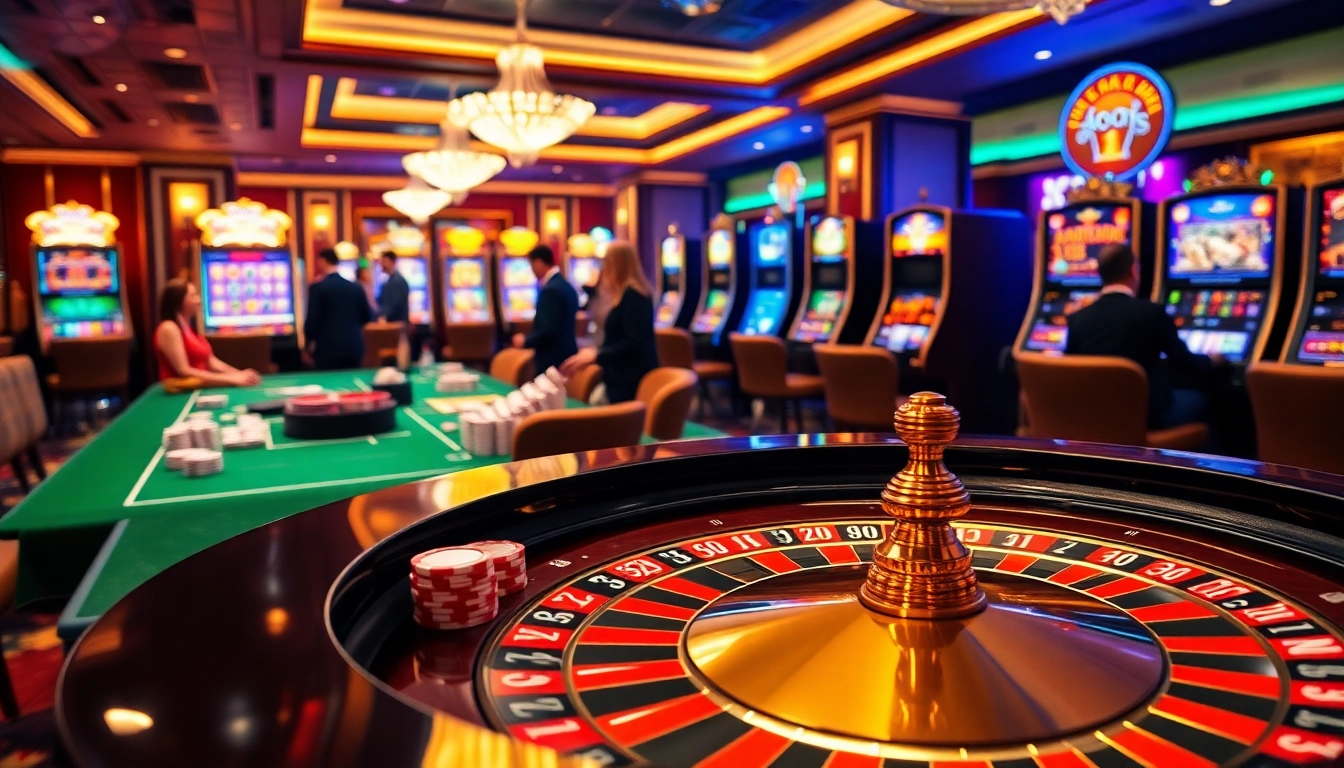 An engaging scene at https://thabets.it.com/ showing gamblers at a vibrant casino with roulette, poker chips, and slot machines.