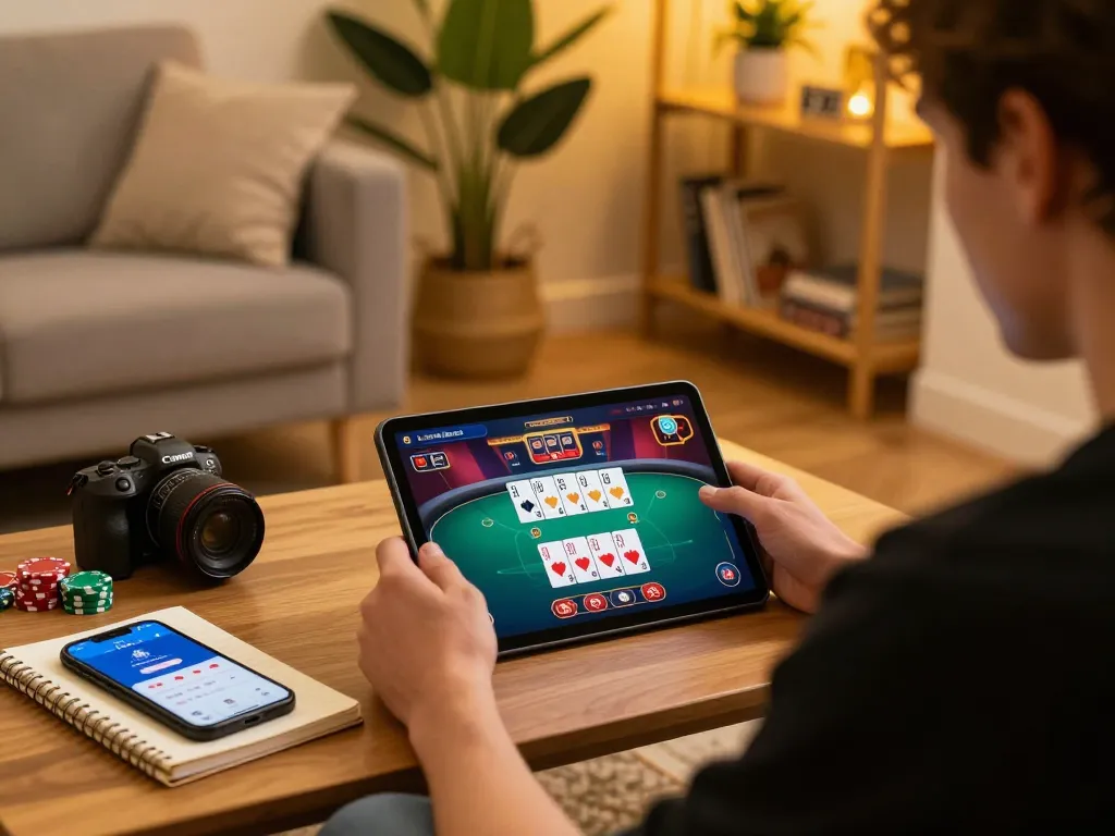 Engaging online gaming experience using the mu88 app on a tablet in a cozy home setting.