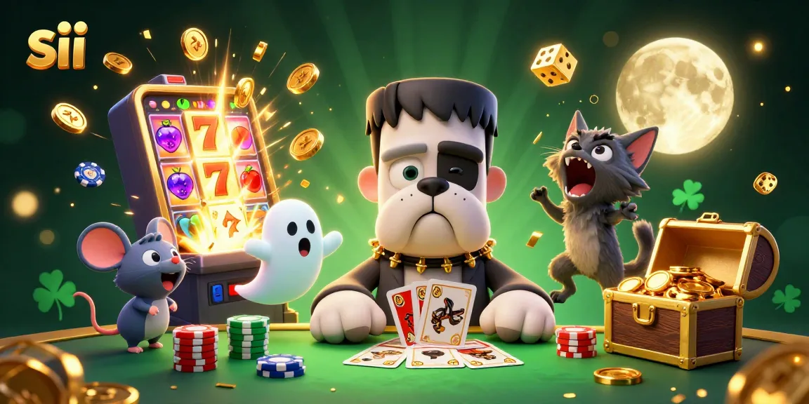 Engage with sii gambling fun at a haunted casino scene featuring a Frankenstein bulldog and friends.