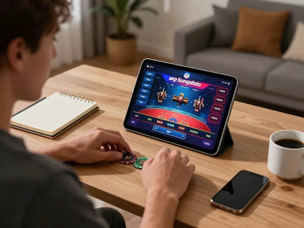 Engaging in online gaming using the apk sungaitoto on a tablet, displaying a live dealer interface.