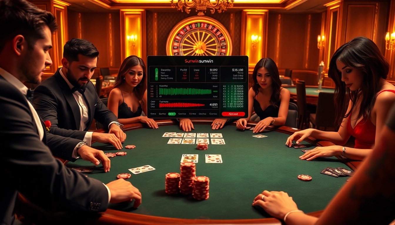 Ford an exciting poker game at Sunwin casino, showcasing luxury chips and focused players.