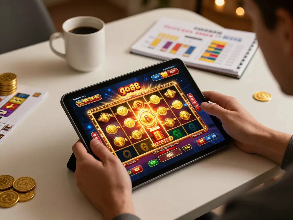 Player engaging with the go88 app on a tablet showcasing exciting games and strategic notes