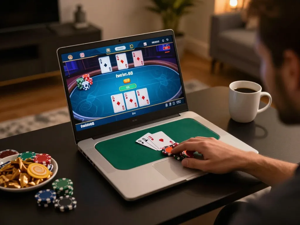 Player strategizes during intense online poker session on twiin68 platform, showcasing gaming interface and focus.