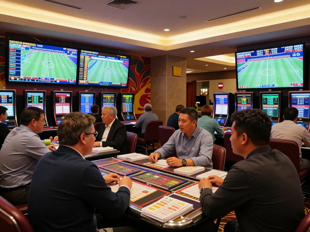 Kèo Nhà Cái engagement in a bustling sports betting area, showcasing patrons analyzing bets amid vibrant decor.