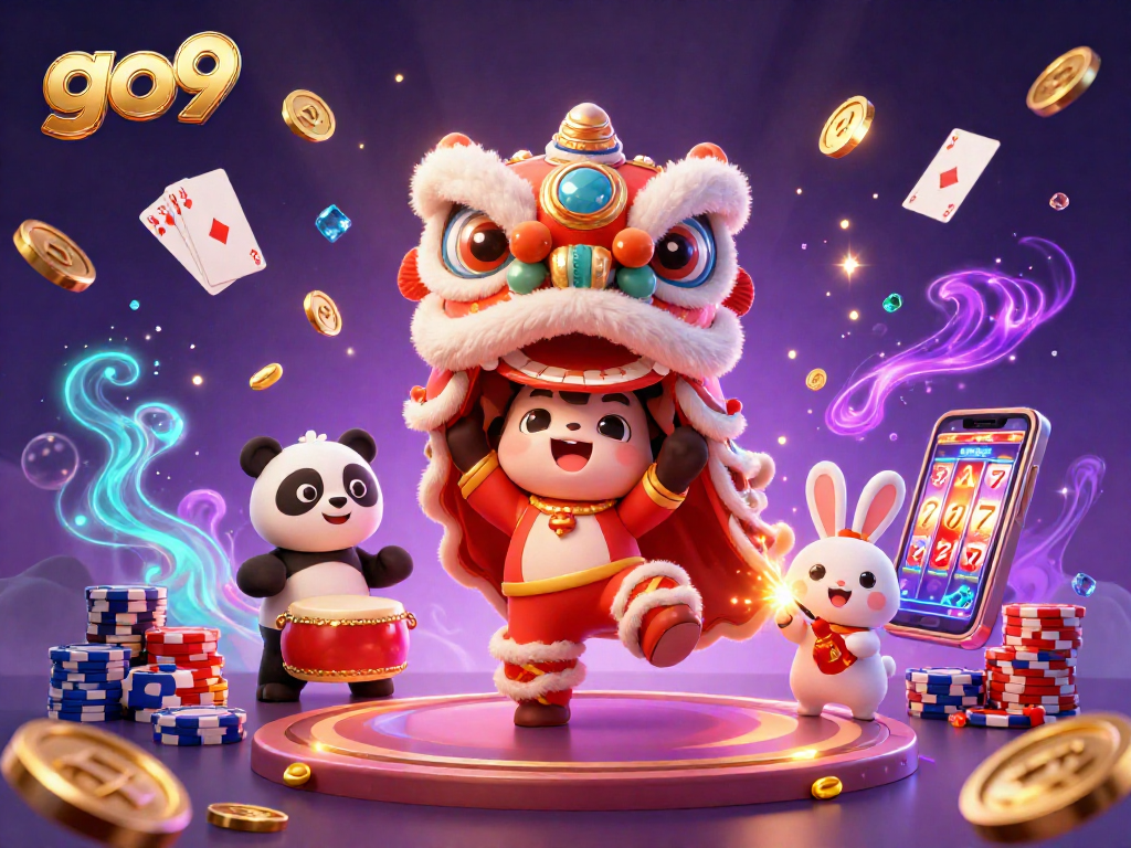 Experience the excitement at go9 as characters perform the lion dance amidst a vibrant casino scene.