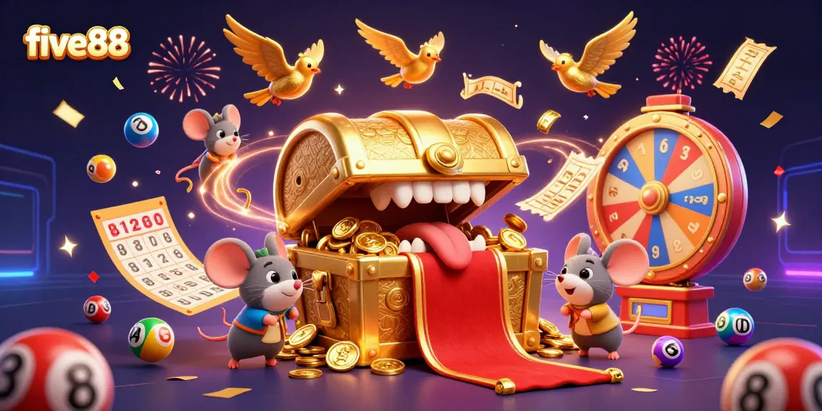 Experience the excitement of five88 with bursting lottery balls and treasure amidst physical casino elements.
