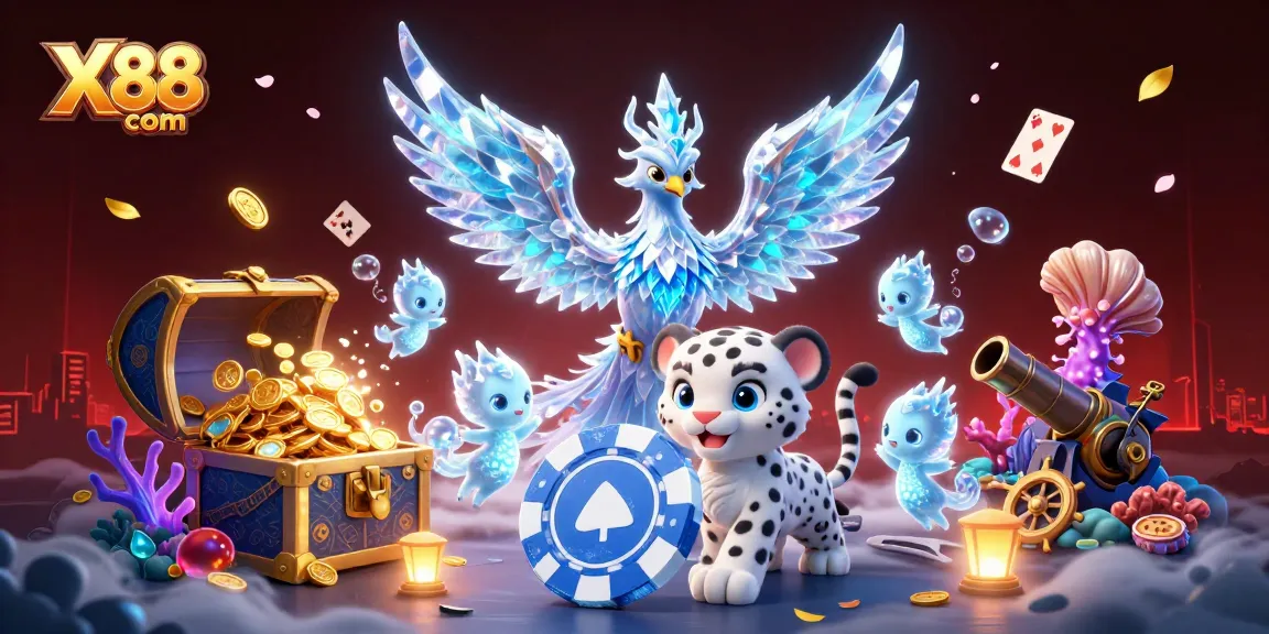 X88 com showcases a colorful 3D casino scene featuring an ice phoenix and playful leopard cub with vibrant poker elements.