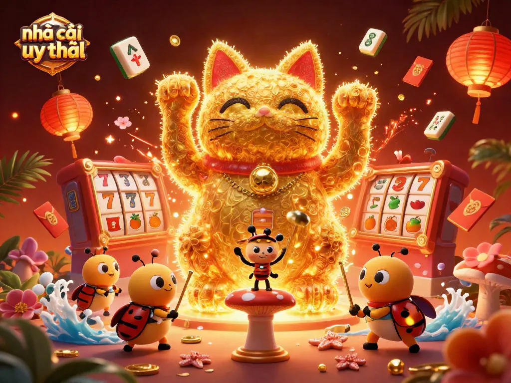 Experience the thrill at nhà cái uy tín with a vibrant lucky cat illustration surrounded by casino symbols.