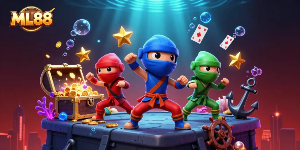 ML88 ninja chameleons demonstrate casino skills amid treasure and game elements, showcasing vibrant online betting action.