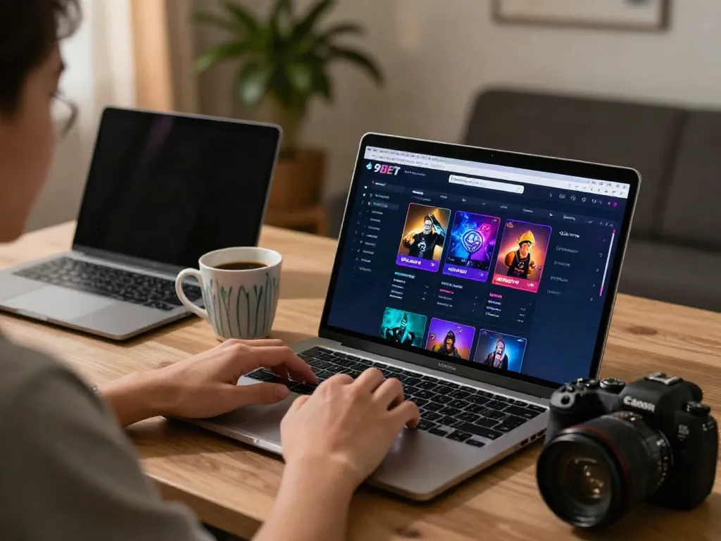 Engaging online betting experience with a user on 9bet platform in a cozy setting.