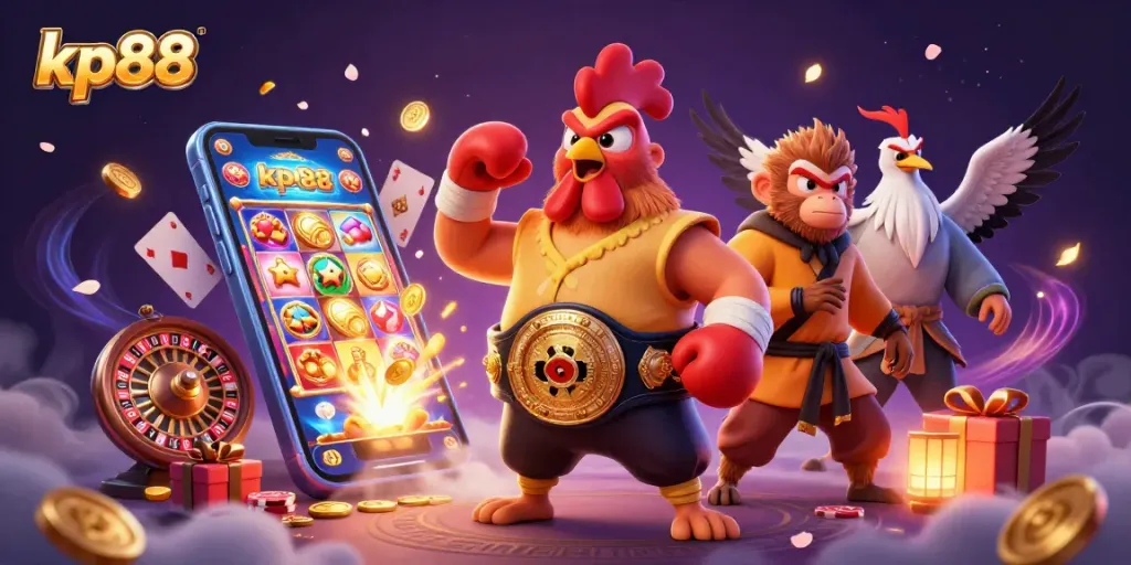 Engage with kp88's dynamic gaming scene featuring vibrant characters and thrilling casino elements.
