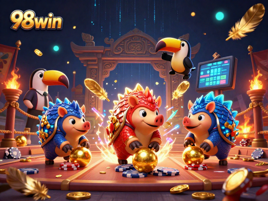 Experience thrilling competitions at 98win as rival pangolins roll through poker chips in an exciting casino scene.