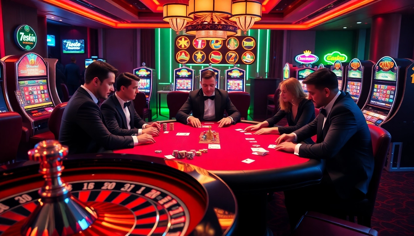 Exciting poker game in a luxurious casino at 789win with vibrant slot machines and roulette wheel.