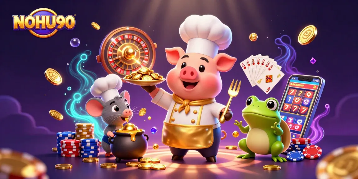 Experience the excitement of NOHU90 with a vibrant casino scene involving a chef pig, sous-chef mouse, and food critic frog.